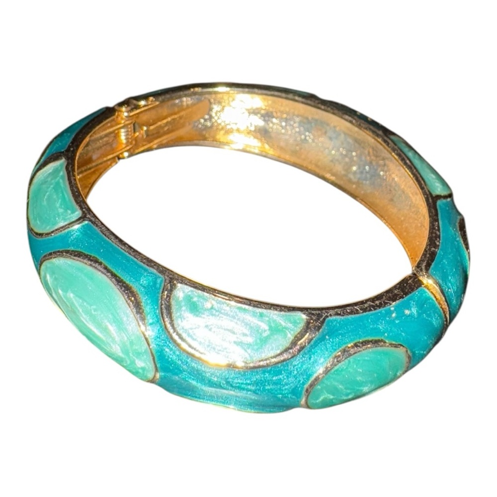 Vintage Enamel Hinged Bangle Bracelet Teal/Green w/Gold Tone J17